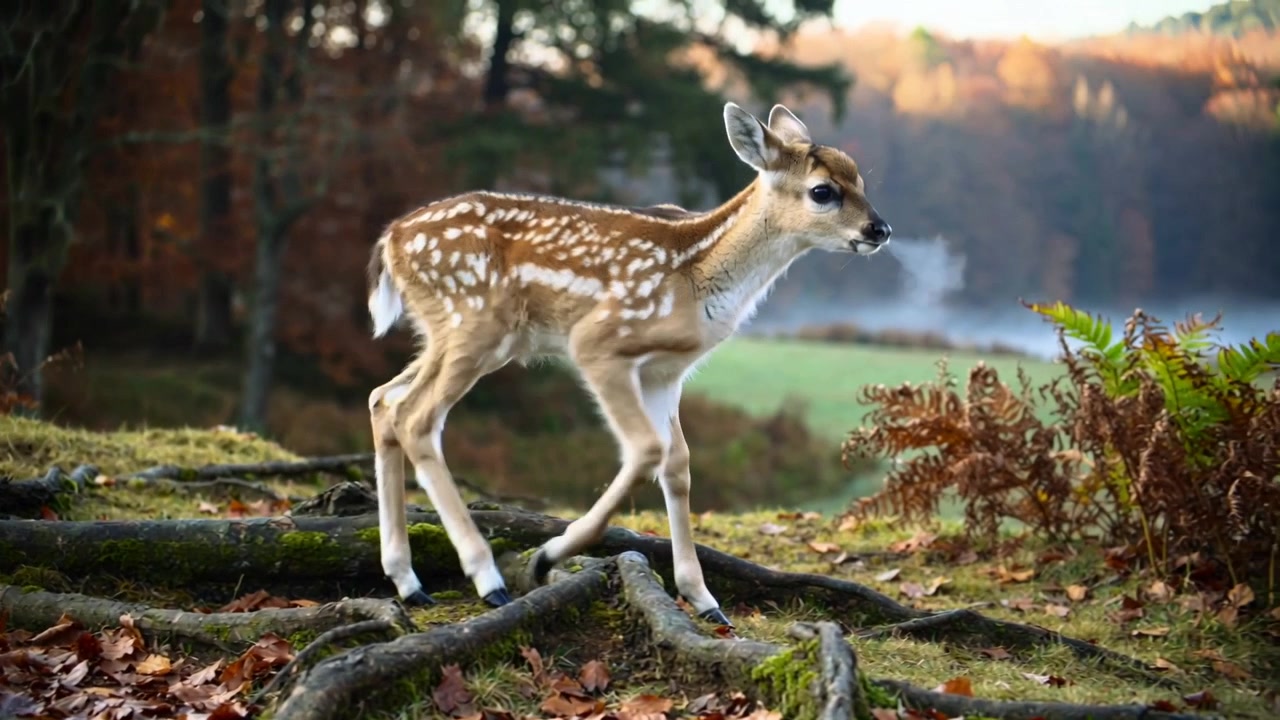 Cętkowane sarnię wąchające poranne powietrze, przekraczające odsłonięte korzenie na skraju lasu, szukające łąki