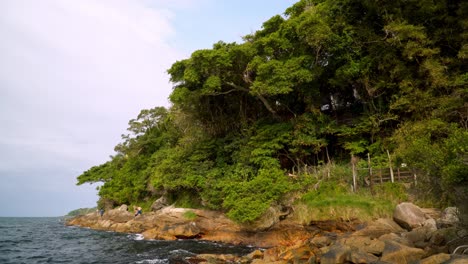 sea waves hitting a rocky shore near a dense green forest in bombas and bombinhas beaches, brazil