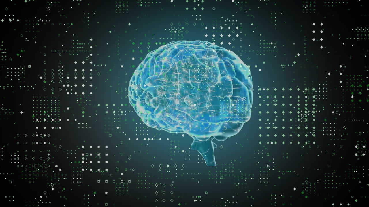 Animation of digital brain over white spots on black background