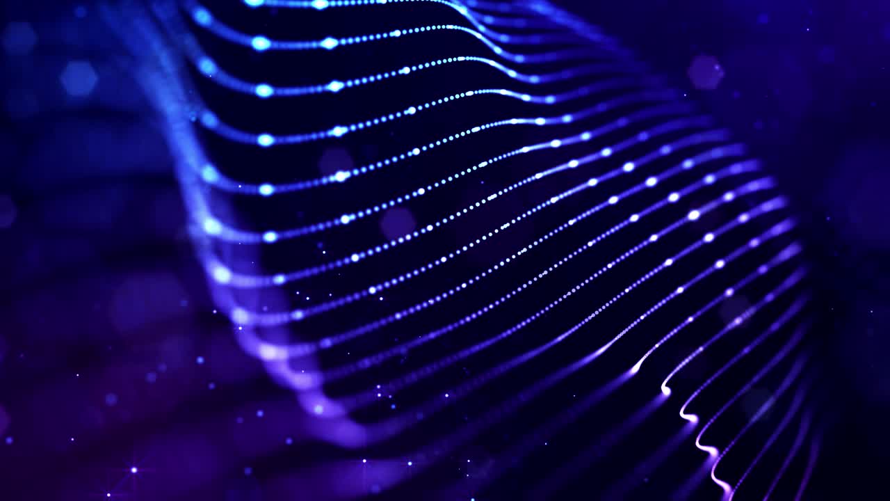 4k bucle de partículas de ciencia ficción de fondo de microworld o espacio con bokeh y efectos de luz. las partículas azules brillantes forman líneas, superficies, estructuras de cuerdas complejas en movimiento suave.