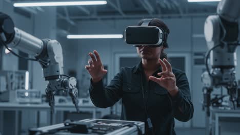 innovative interaction between human and robotics: a woman engages with advanced robotic arms while immersed in virtual reality in a high-tech laboratory setting