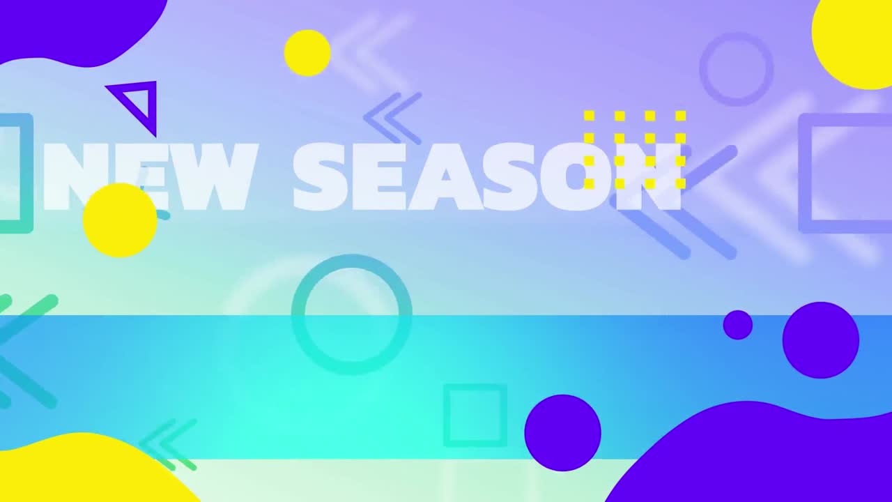 Animation of new season text and shapes on colourful background