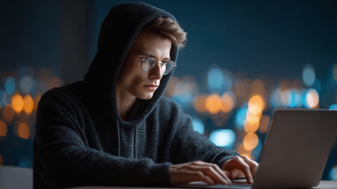 Focused Youth Engaged in Digital Work Late at Night, Surrounded by Glowing City Lights with Intense Concentration and Contemplation in Urban Setting