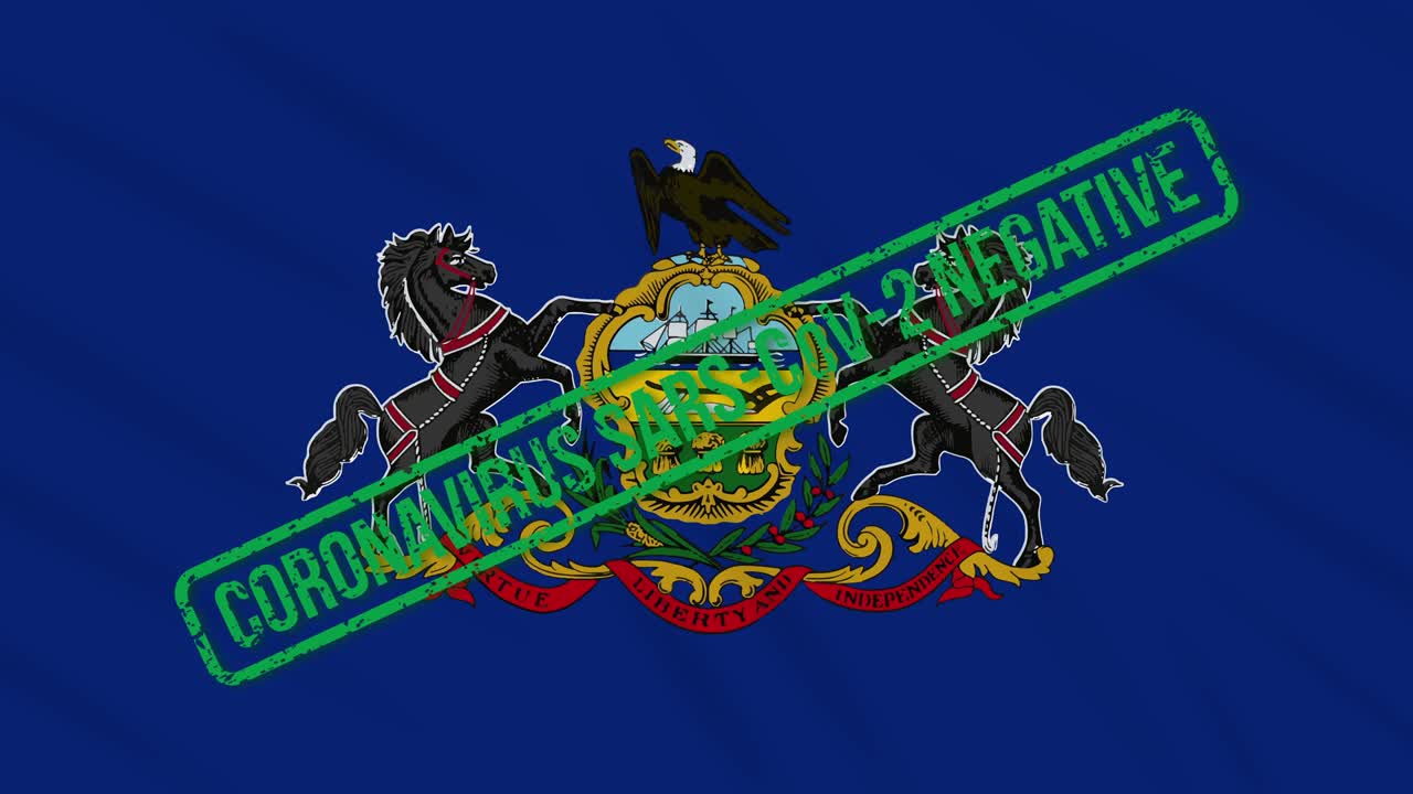 미국 펜실베이니아 주 (pennsylvania state) 는 코로나 바이러스로부터의 자유의 녹색 스프를 가진 발을 흔들고 있습니다.