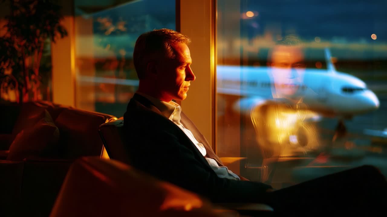Contemplative Traveler Gazing Out Over Airplane at Dusk in Airport Lounge, Bathed in Warm Sunset Light, Reflecting on Journey Ahead