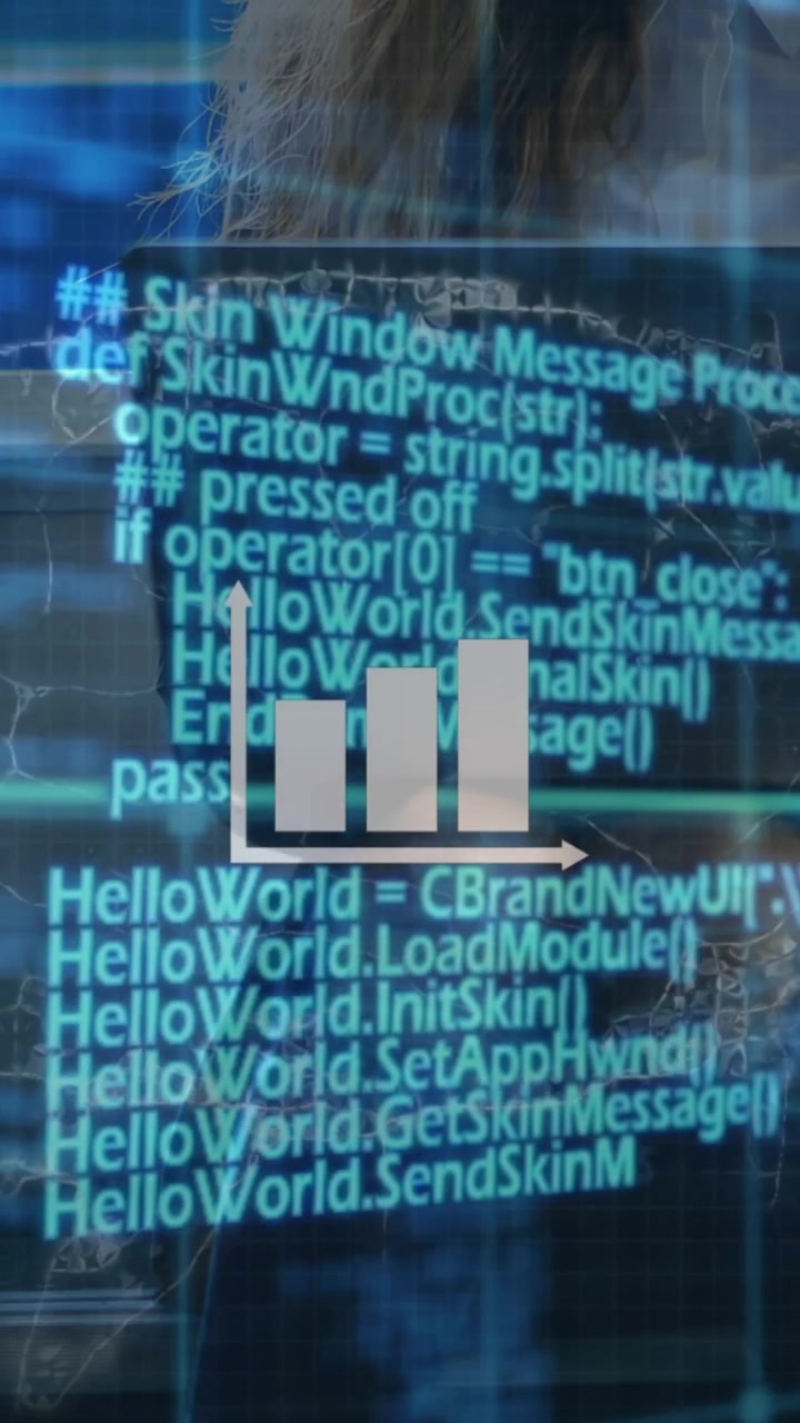 Animazione di un grafico su linguaggio di programmazione, cervello umano e imprenditrice caucasica che lavora al portatile.