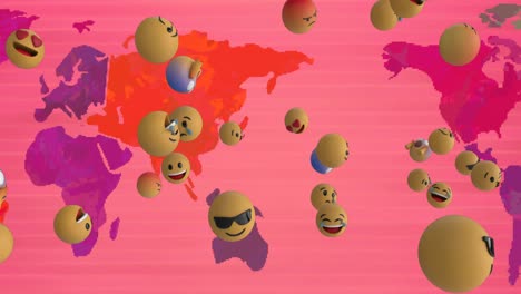 Animation-Von-Emoji-Symbolen,-Die-über-Die-Weltkarte-Fliegen
