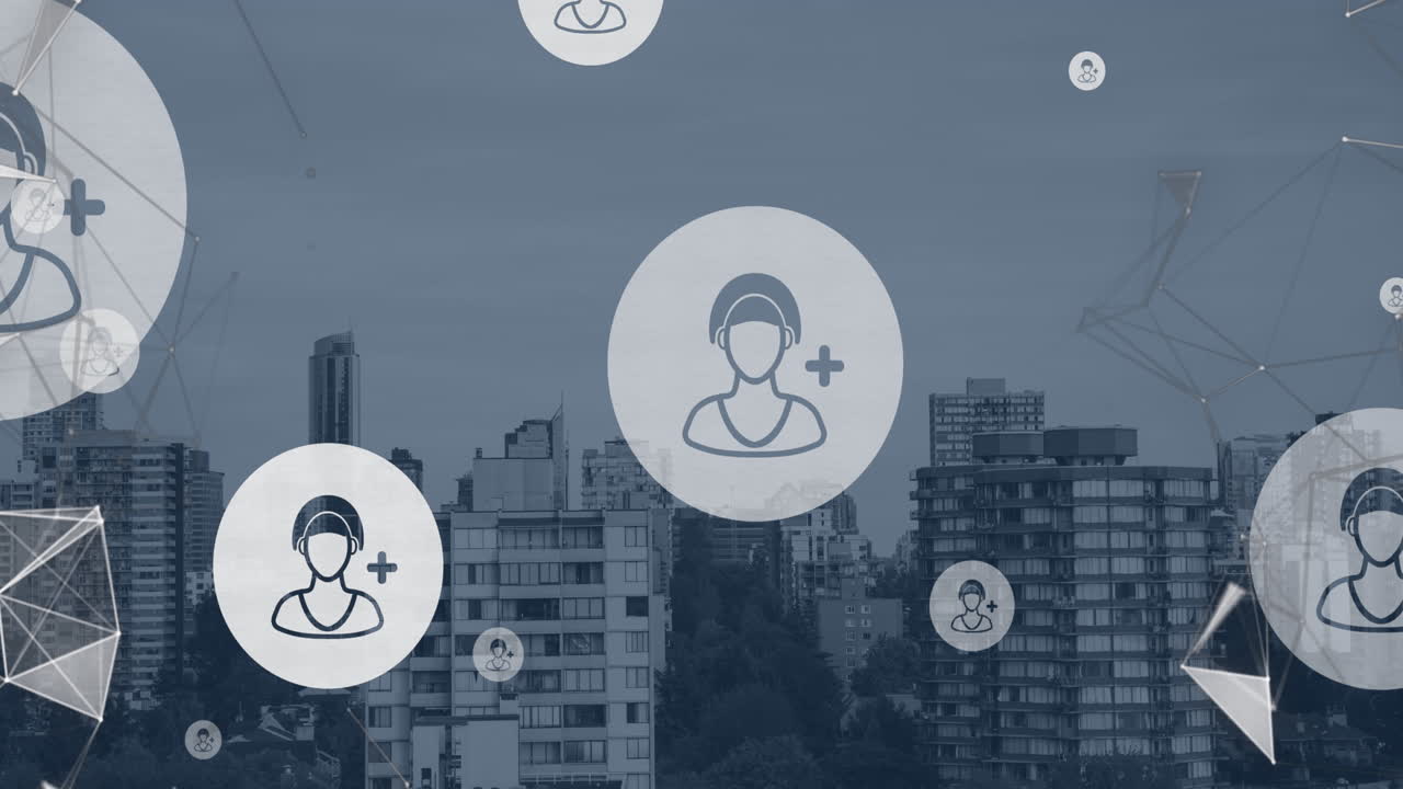 animación de la red de conexiones con iconos sobre el paisaje urbano