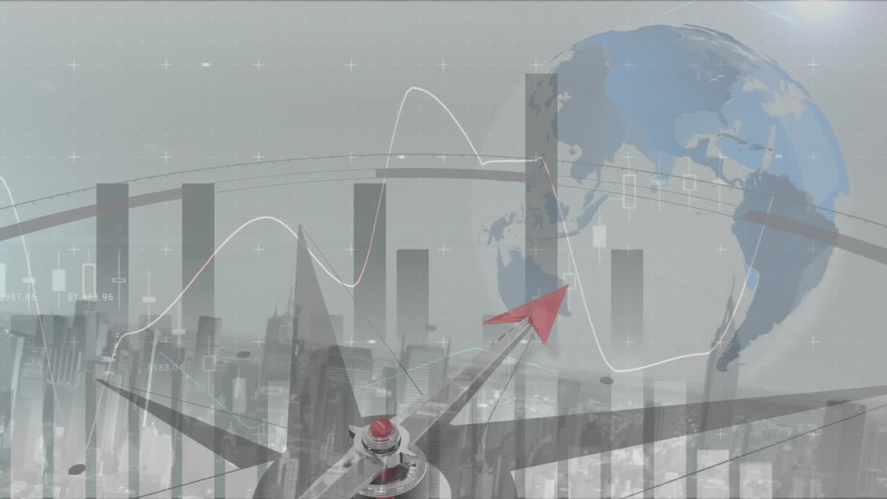 Animación de globo terráqueo y brújula con procesamiento de datos.
