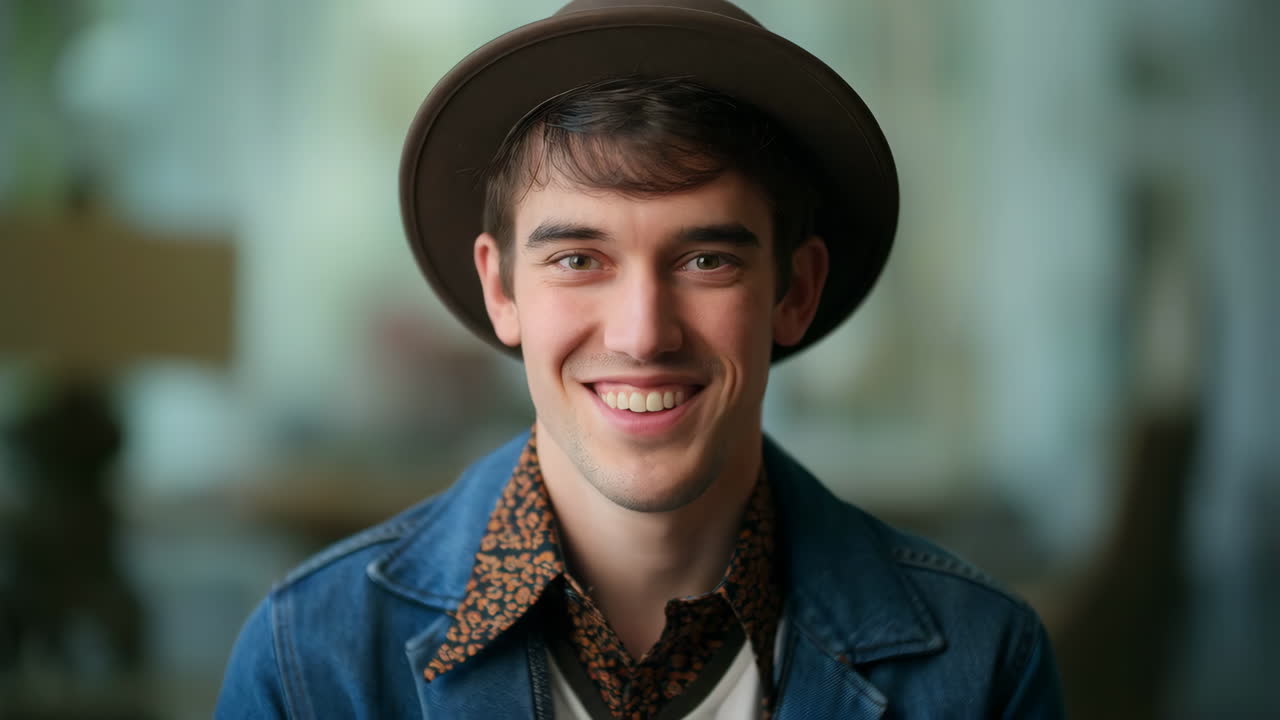 Portrait of a Man in a Hat and Denim Jacket