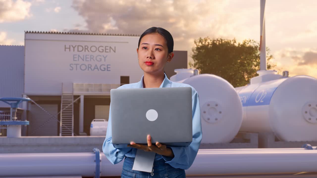 아시아 여성 전문 노동자가 녹색 수소 공장, 첨단 산업 시설에서 노트북을 들고 서서 노트북에 집중하기 전에 주변을 둘러보며 관찰합니다.