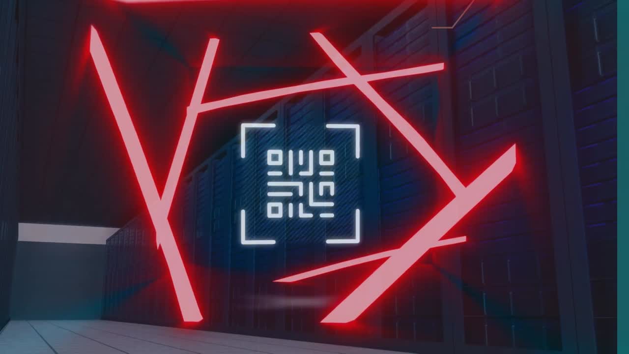 animación del código qr de neón que se mueve sobre los servidores