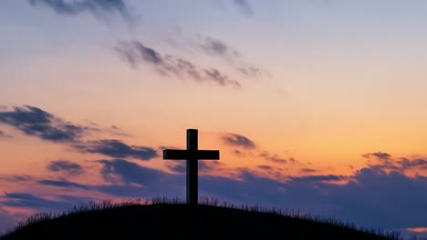 wooden cross stands silhouetted against a vibrant sky filled with dramatic colors at sunset, creating a peaceful atmosphere