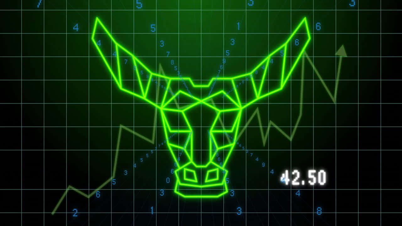 Animation of neon green bull head with fluctuating financial graph in background