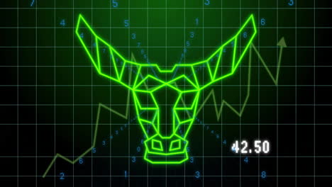 animation of neon green bull head with fluctuating financial graph in background