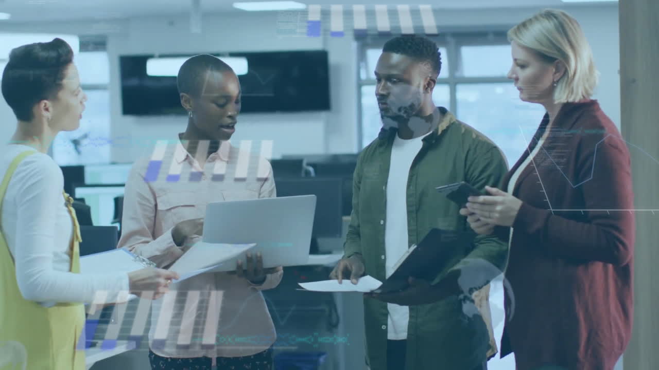 Animation of financial data processing over diverse colleagues having meeting at office