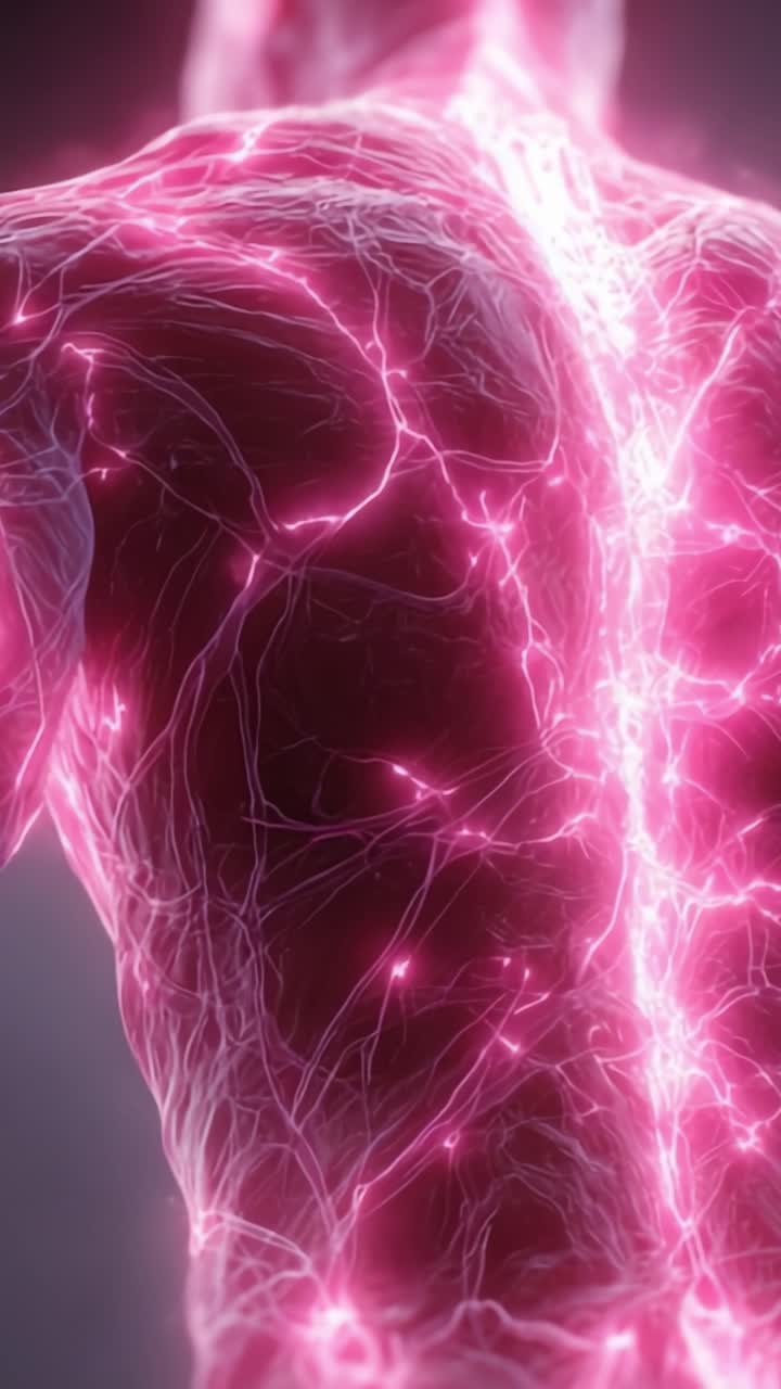 Intricati percorsi neurali illuminati: una vista ravvicinata della muscolatura dorsale infusa di neon che evidenzia il flusso di energia e la connettività in una forma umana stilizzata