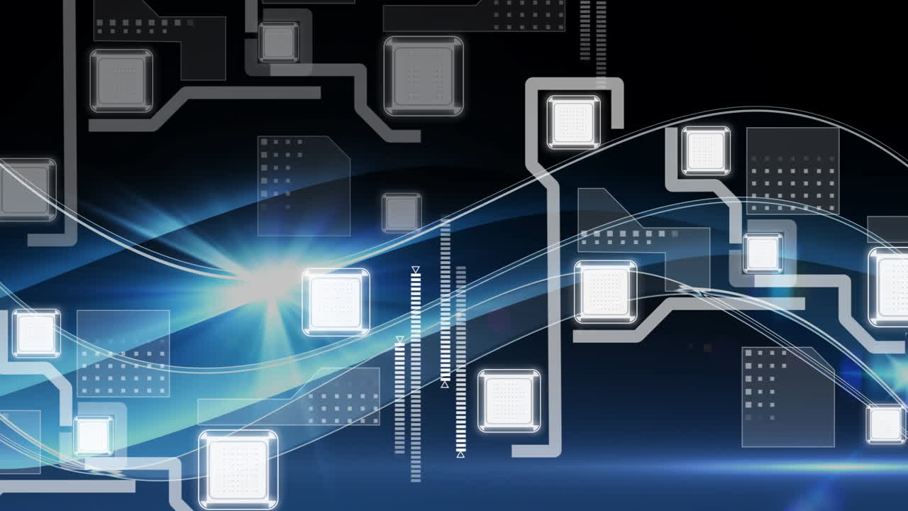 디지털 애니메이션은 빛나는 인터페이스에서 네트워크와 데이터 처리를 보여줍니다.