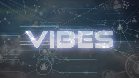 animación de texto de vibraciones sobre iconos de medios y senderos de luz