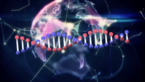 Animation-Der-Sich-Drehenden-DNA-Struktur-über-Der-Kugel-Von-Plexusnetzwerken-Vor-Grauem-Hintergrund