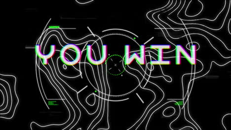 animation of white text, you win, with rotating safe lock and moving topographical chart, on black