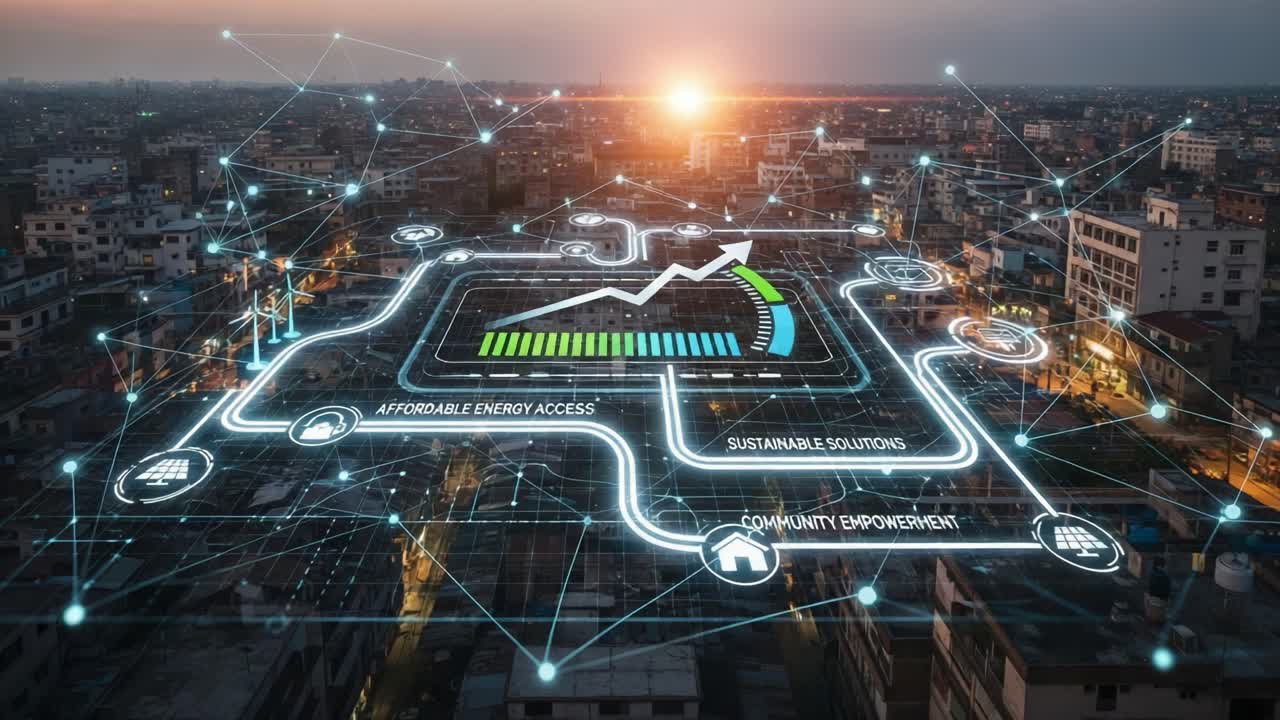 Visualization of a Modern Urban Landscape Highlighting Sustainable Solutions for Affordable Energy Access and Community Empowerment with a Focus on Growth and Development