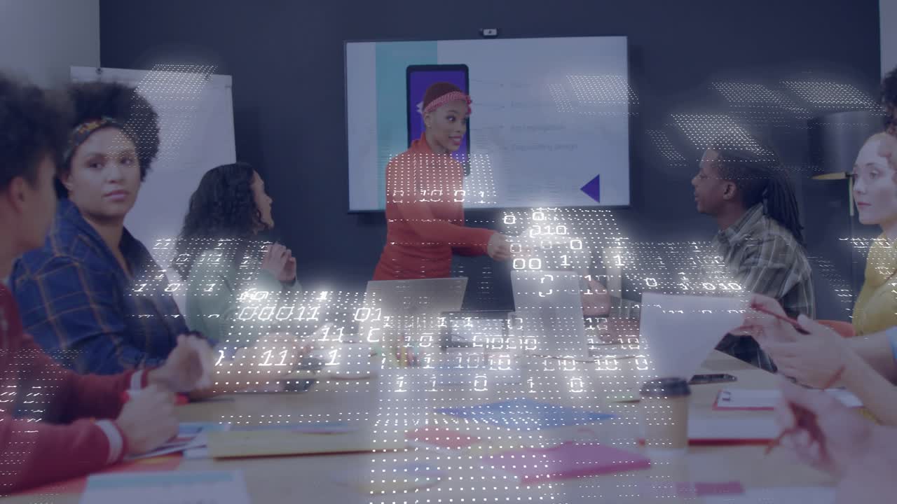 Presenter gesturing at phone mockup handing docs reviewing app design dotted overlay showing
