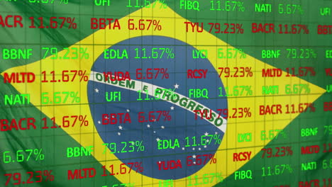 animación del procesamiento de datos del mercado de valores contra la bandera brasileña ondeando