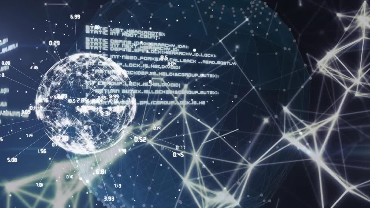 회전하는 지구에 대한 연결 네트워크와 데이터 처리의 디지털 애니메이션