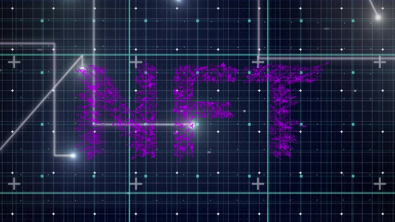 Animation der Datenverarbeitung über NFT-Text auf schwarzem Hintergrund.