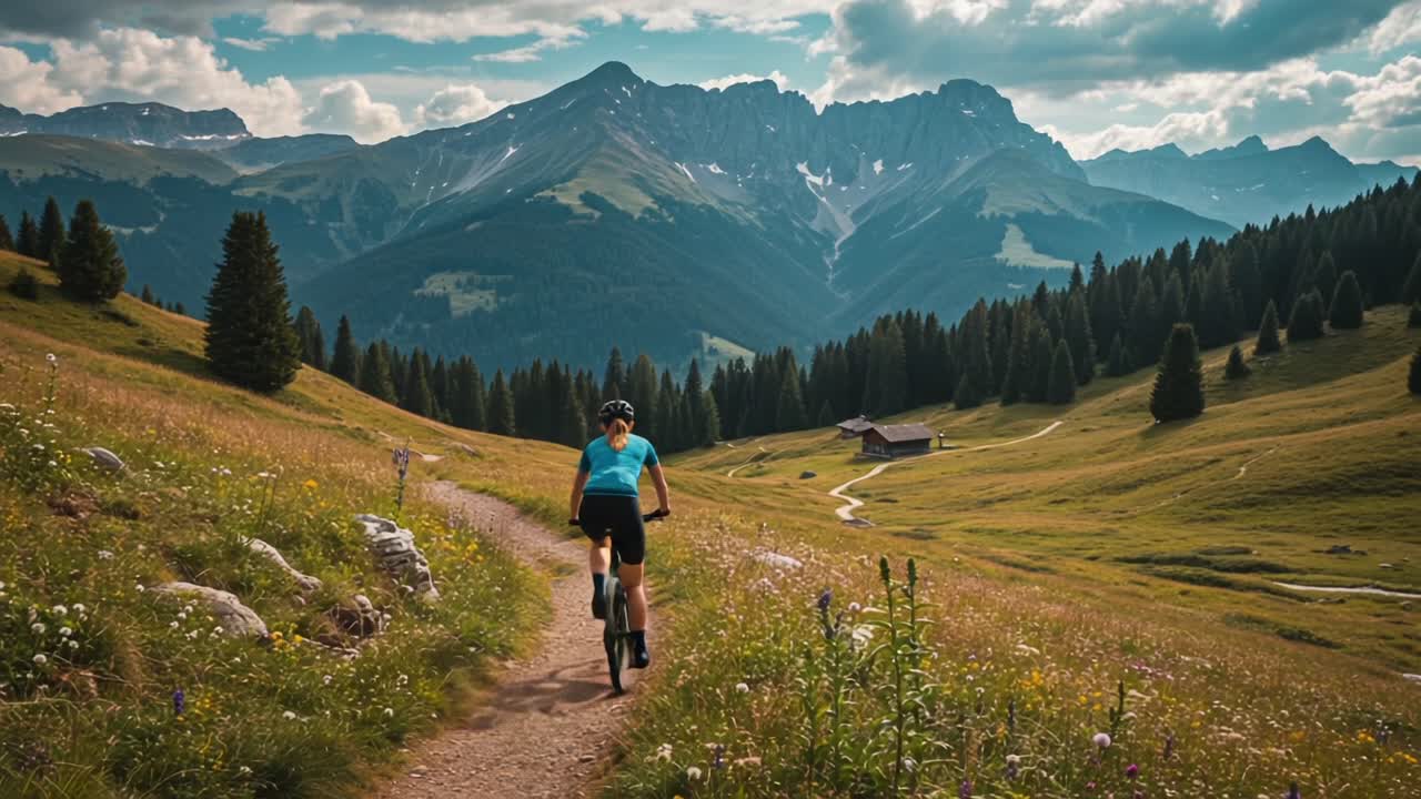 A Scenic Mountain Biking Adventure through Lush Green Meadows with Breathtaking Views of Majestic Peaks in the Background, Capturing the Essence of Outdoor Exploration