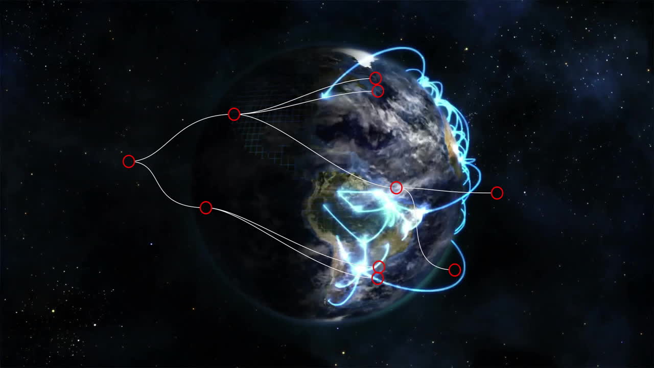 Animation of global network connections visualized over rotating Earth in space