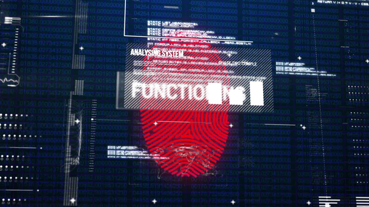Fingerprint scanning and data analysis system animation over digital code background