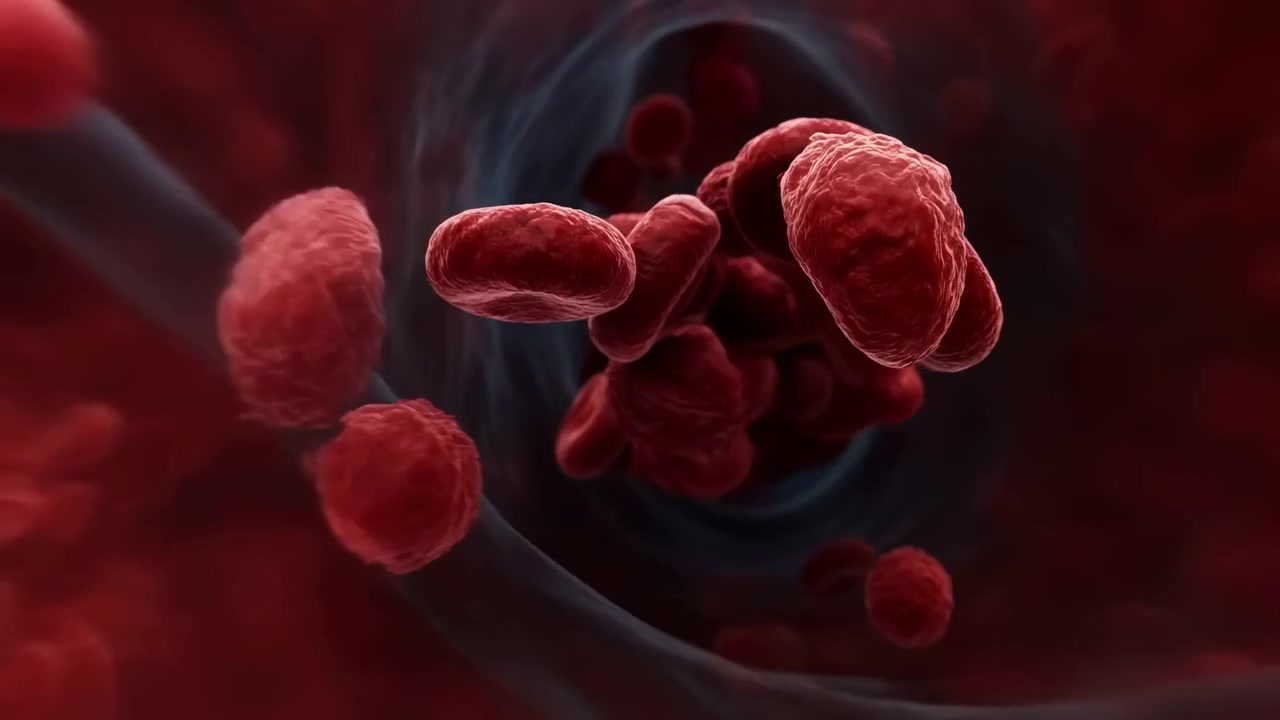 Close macro motion of red blood cells moving through dark plasma tunnel, showing dense erythrocyte cluster, smooth biconcave discs, wrinkled surfaces, medical depth, and scientific detail