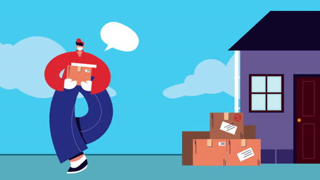 delivery service worker with boxes in house animation