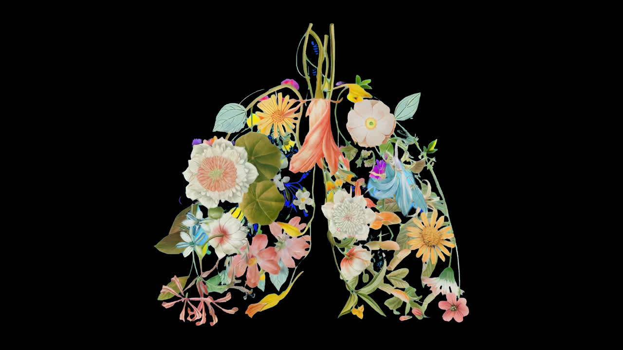 Floral lungs artistic illustration animation isolated asset, transparent 4K video, alpha channel
