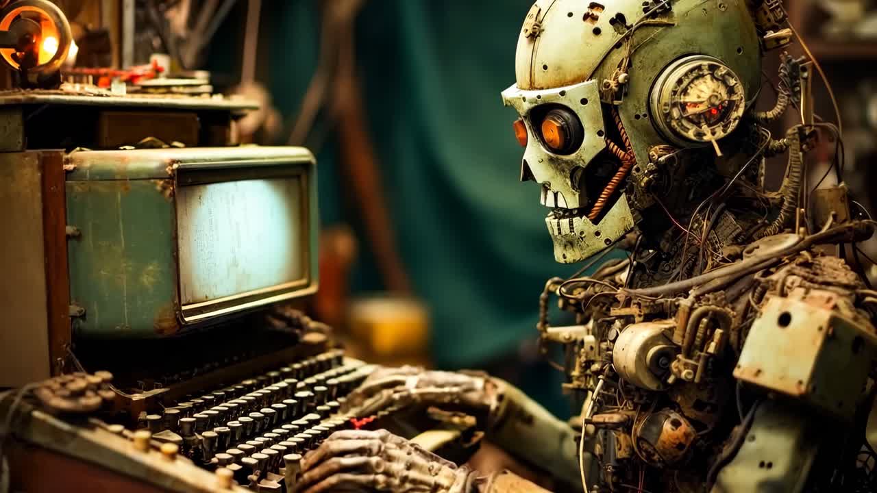 En robot, der sidder ved et skrivebord med en computer