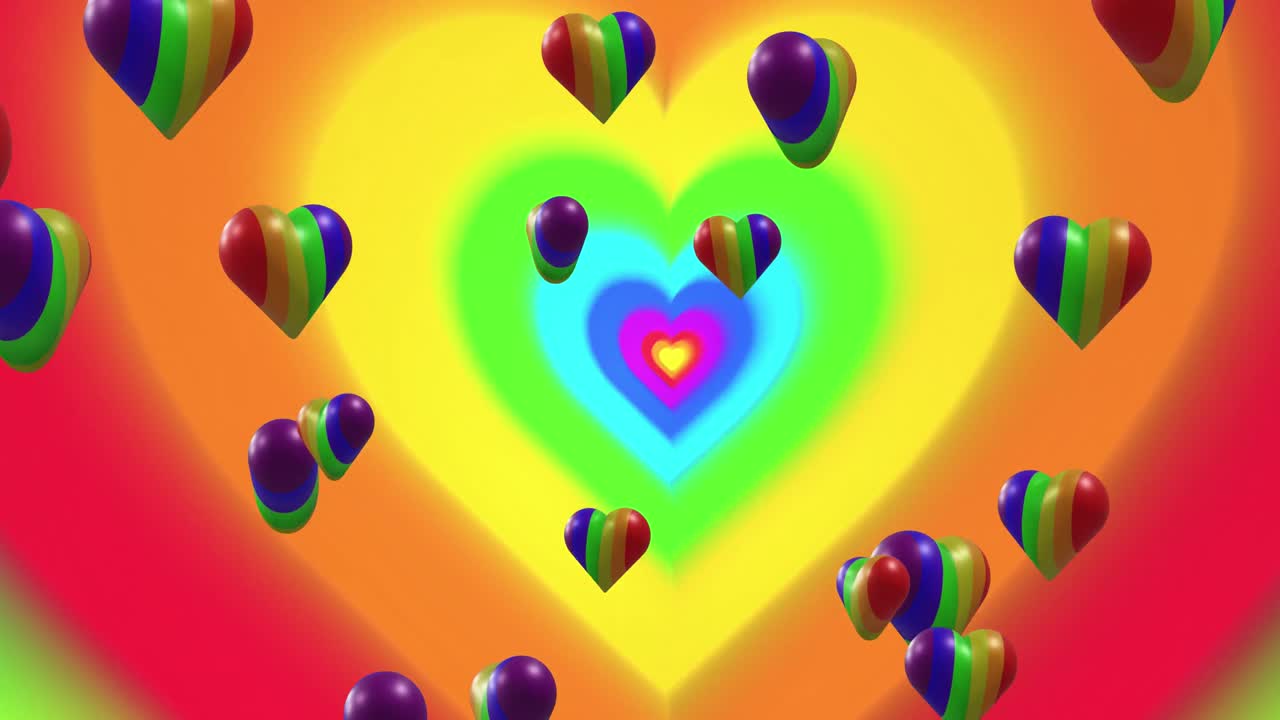 무지개 배경 위에 무지개 심장의 애니메이션