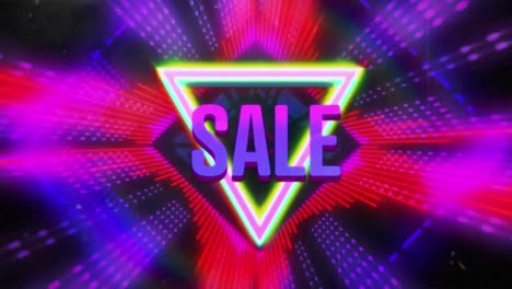 Animation-of-sale-text-over-triangle-and-neon-tunnel