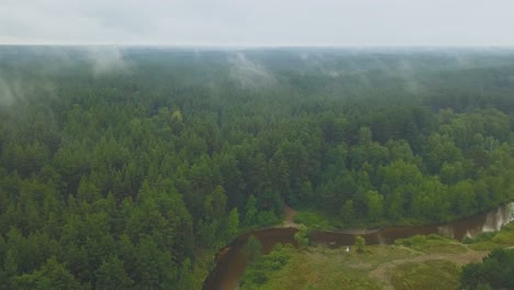 distant-newlywed-couple-near-winding-river-by-green-forest