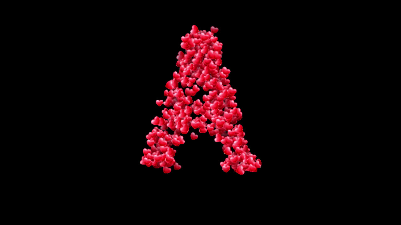 Heart particles letter A animation on transparent background