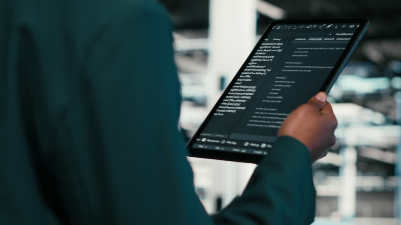 Hands Scrolling Through Code on a Digital Tablet