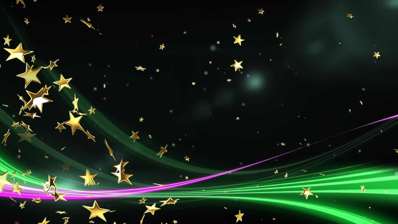 검은 바탕에 네온 빛의 흔적과 함께 떨어지는 크리스마스 별의 애니메이션