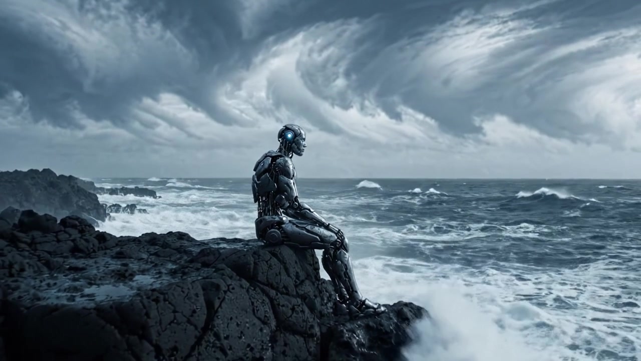 Zamyšlená robotická postava hledí na bouřlivé oceánské vlny, obklopená dramatickou oblohou, symbolizující průsečík technologie a síly přírody ve futuristickém prostředí.