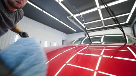 man worker washing red car on a car wash with blue washcloth.