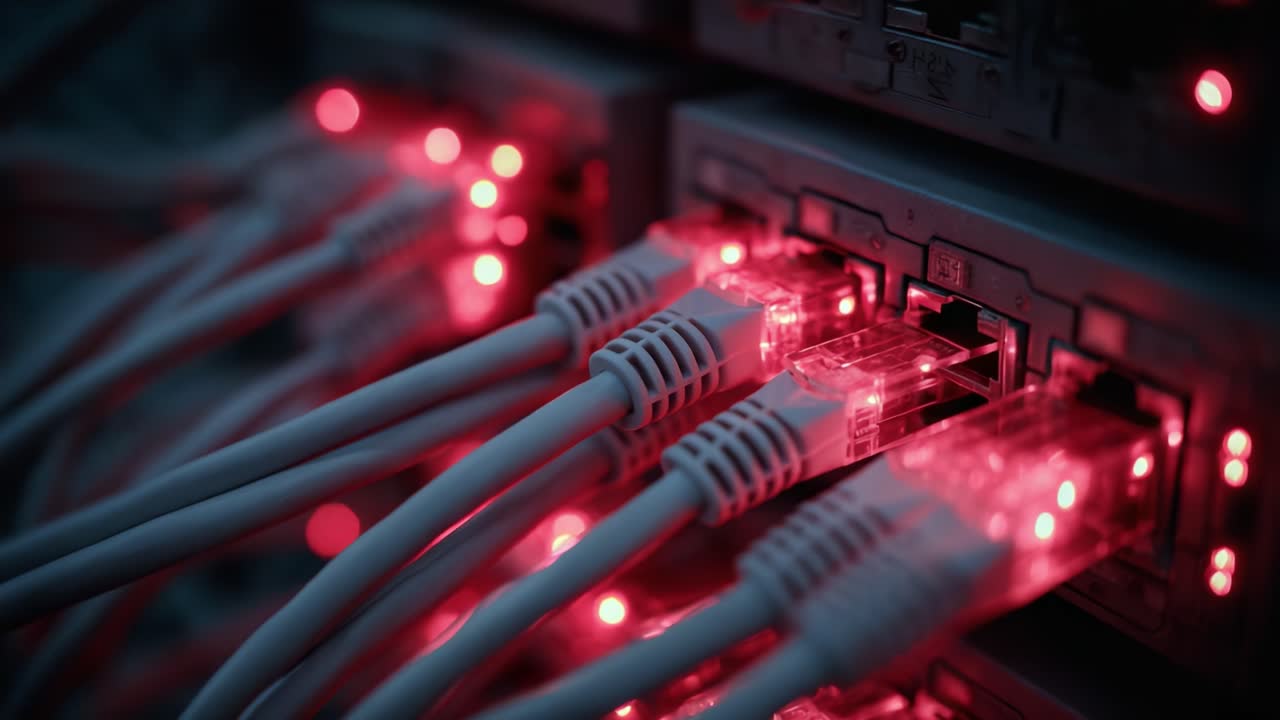 A Close-Up View of Network Cables and Connections Illuminated by Red LEDs, Depicting the Intricacies of Modern Data Transmission Technology in a Server Environment