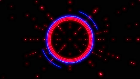 círculos azules neón y triángulos azules con brillos en una galaxia oscura