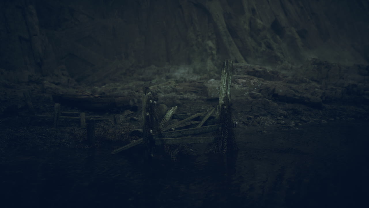 Sunken wooden structure surrounded by murky water in dim light
