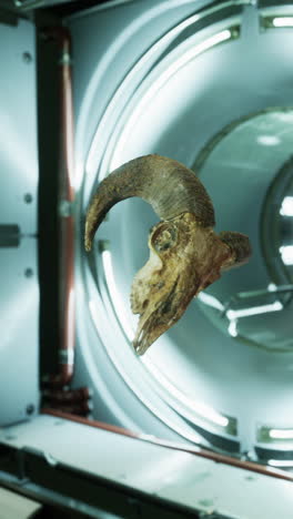 a ram skull in a futuristic metal room