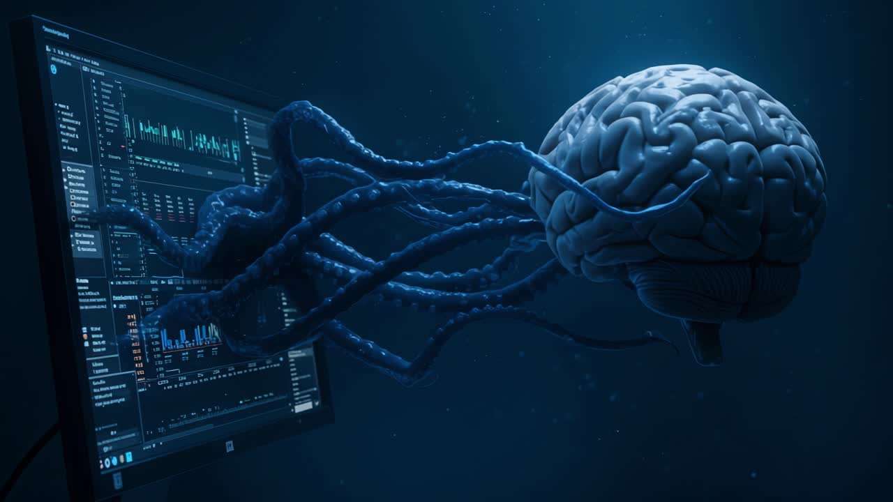 A brain-like entity engages with a digital interface while navigating through a dreamlike, surreal underwater landscape